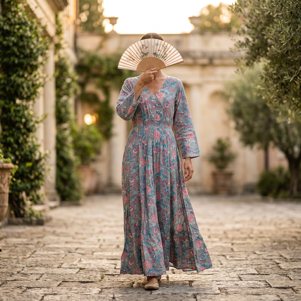S-M Mawiya Crystal Printed Cotton Dress 57" Long Jalabiya RN 192