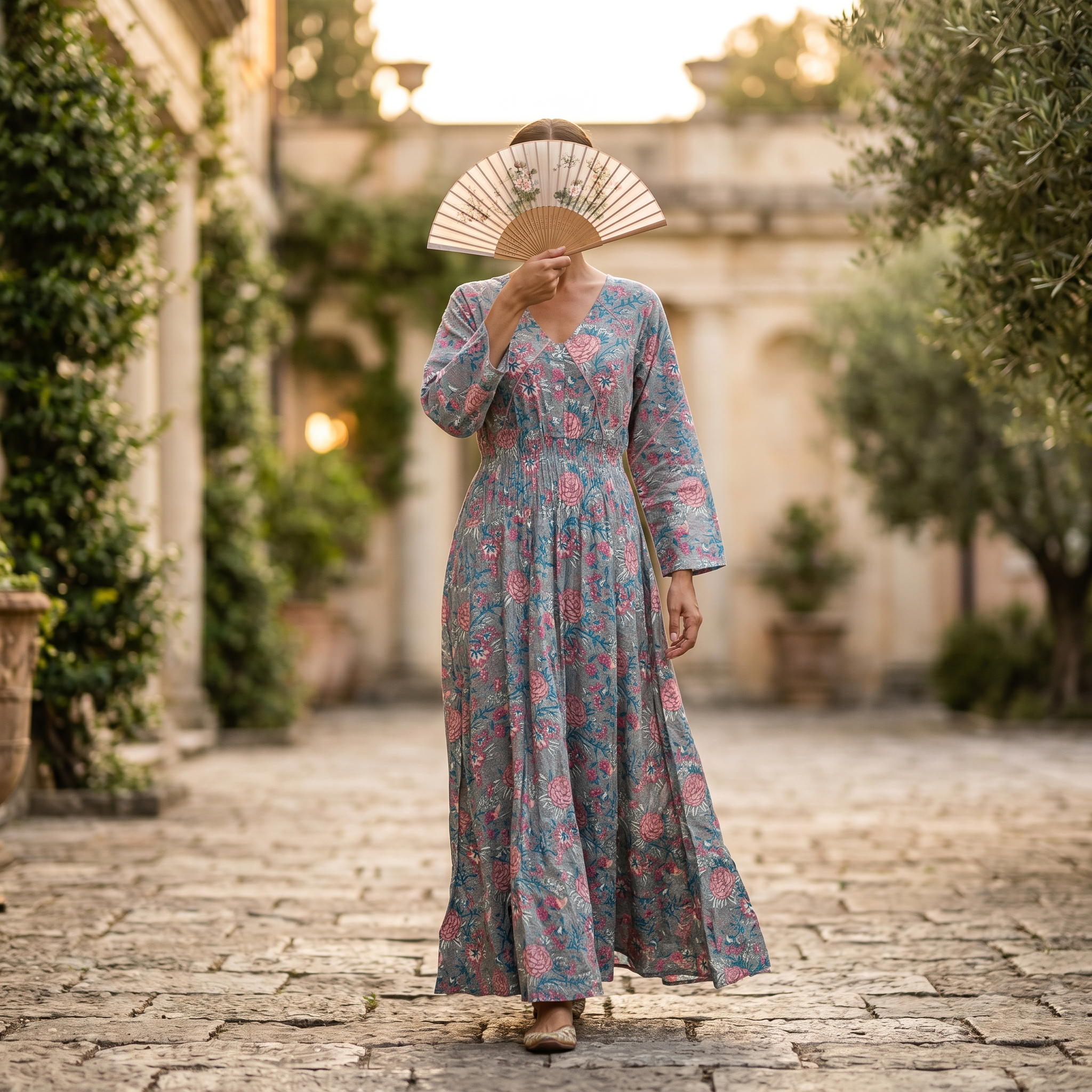 S-M Mawiya Crystal Printed Cotton Dress 57" Long Jalabiya RN 192