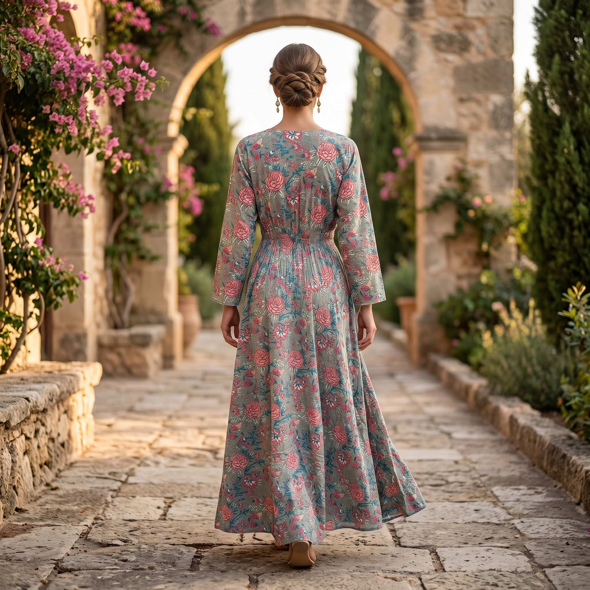 S-M Mawiya Crystal Printed Cotton Dress 57" Long Jalabiya RN 192
