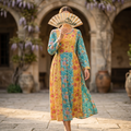 S-M Heba Crystal Printed Cotton Dress 57" Long Jalabiya RN 196