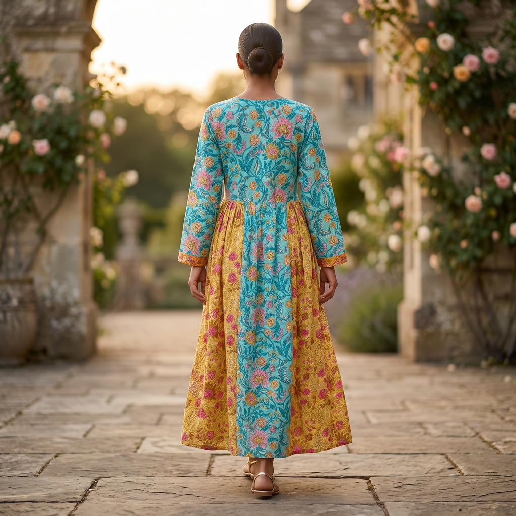 S-M Heba Crystal Printed Cotton Dress 57" Long Jalabiya RN 196