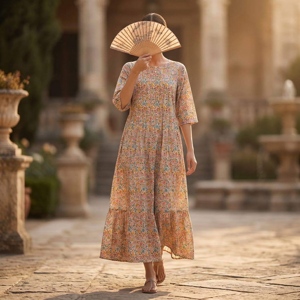 S-M Nahla Crystal Printed Cotton Dress 57" Long Jalabiya RN 199