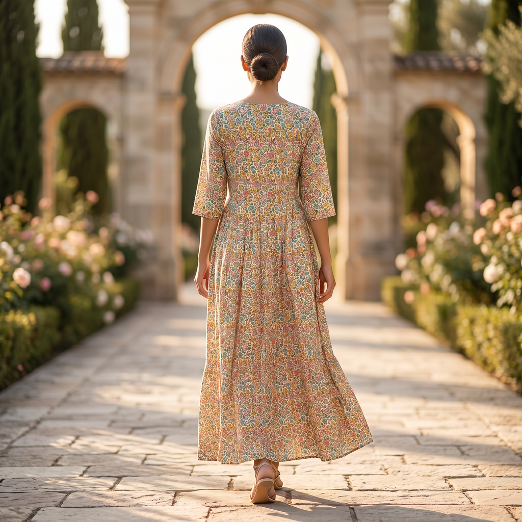S-M Nahla Crystal Printed Cotton Dress 57" Long Jalabiya RN 199