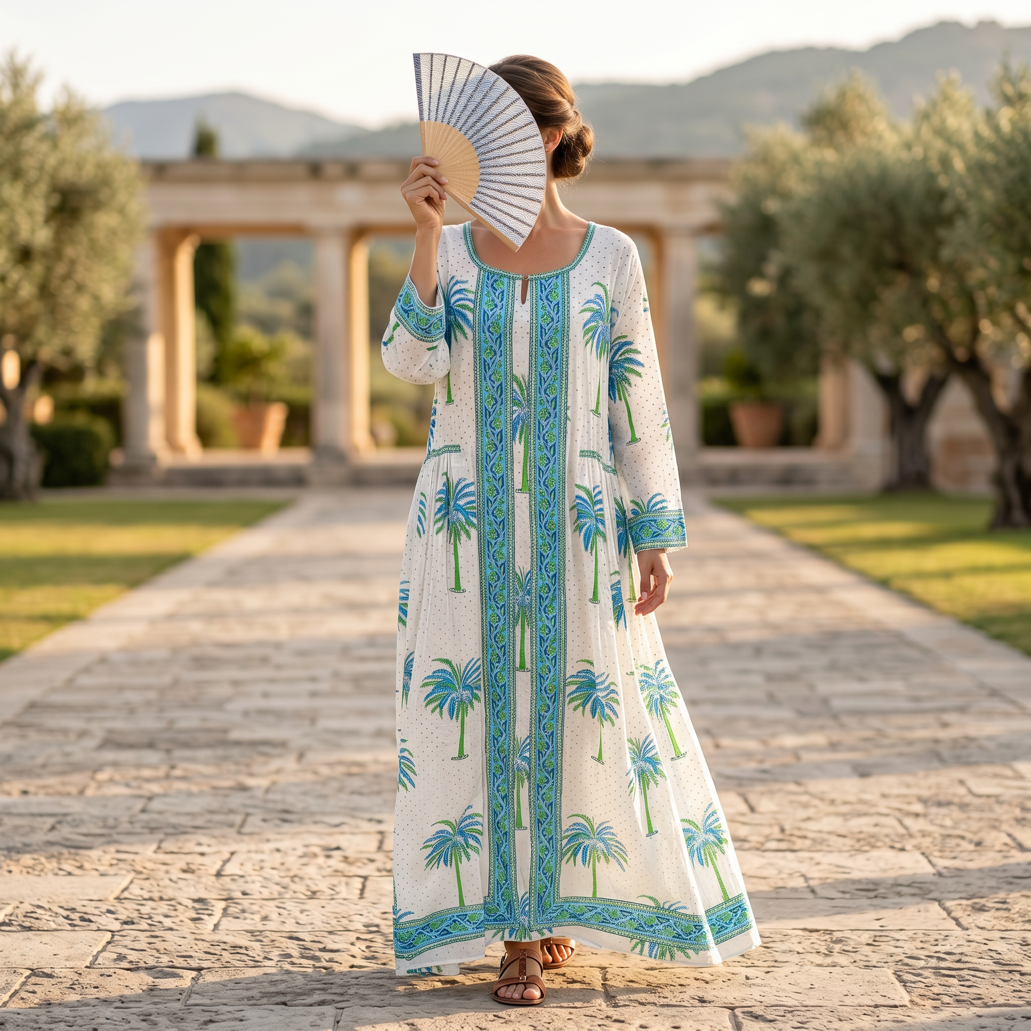 S/M Bhopali Crystal Printed Cotton Dress 57" Long Jalabiya RN 19
