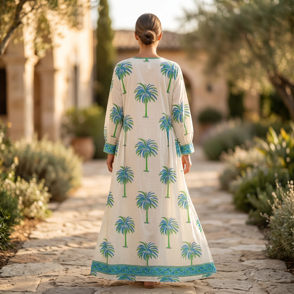 S/M Bhopali Crystal Printed Cotton Dress 57" Long Jalabiya RN 19