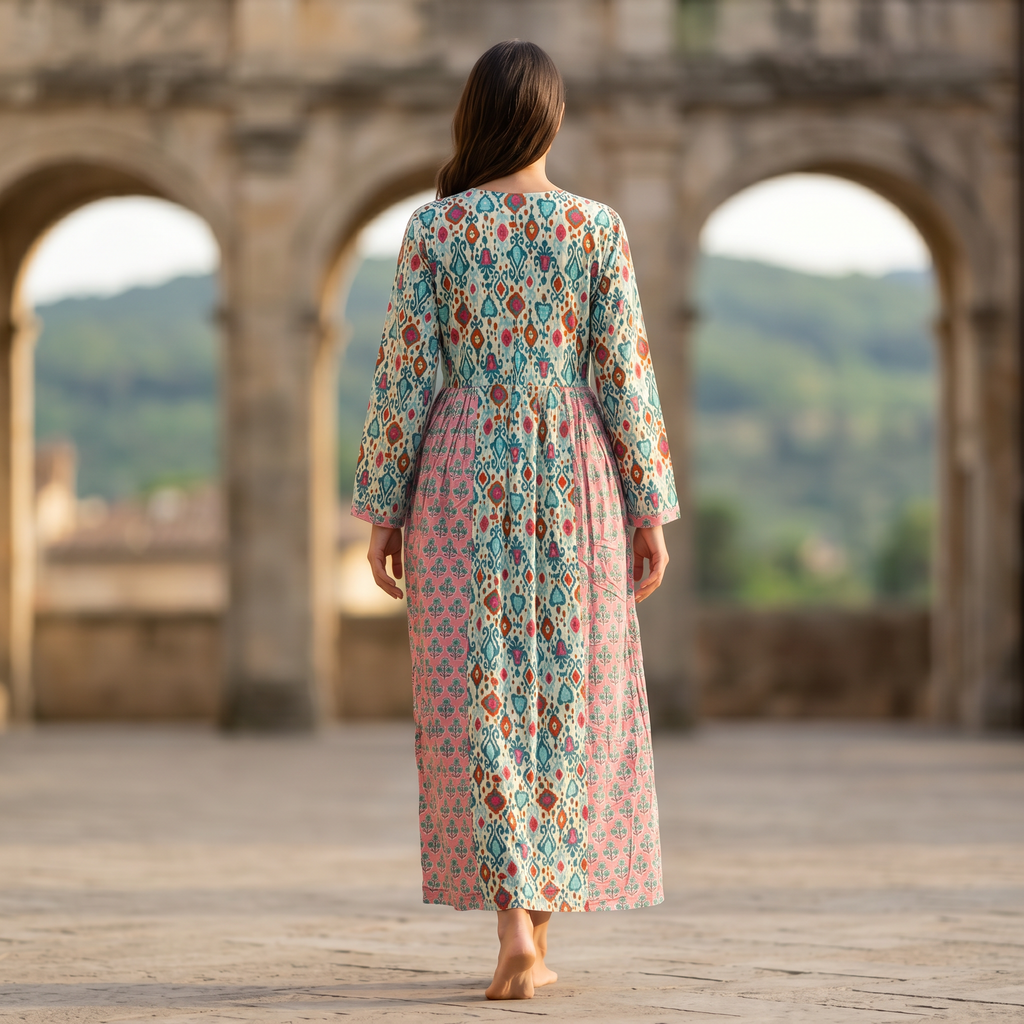 S-M Heba Crystal Printed Cotton Dress 57" Long Jalabiya RN 249