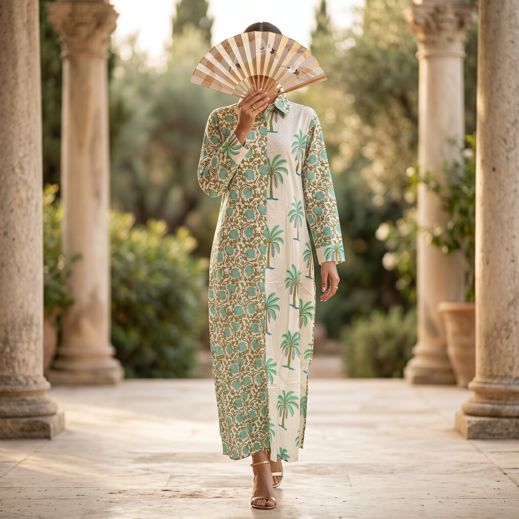 S-M Singapore Crystal Printed Cotton Dress 57" Long Jalabiya RN 252