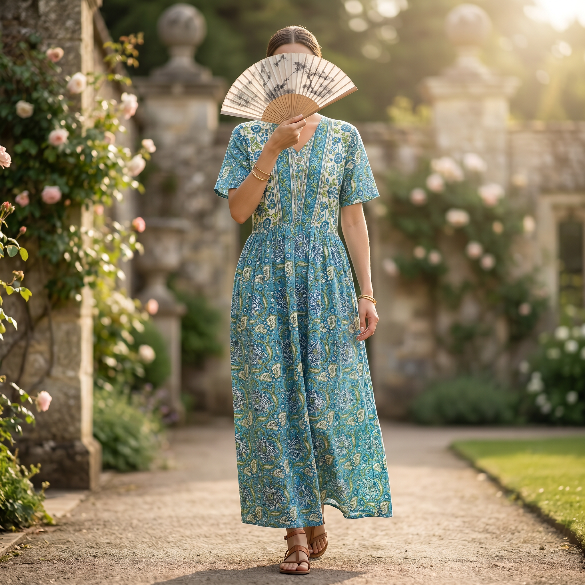 S-M Rahaf Crystal Printed Cotton Dress 57" Long Jalabiya RN 262