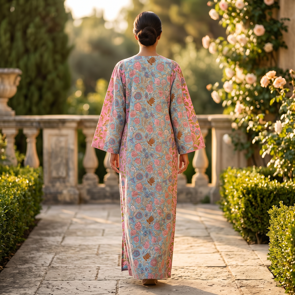 L-XL Goya Crystal Printed Cotton Dress 57" Long Jalabiya RN 275