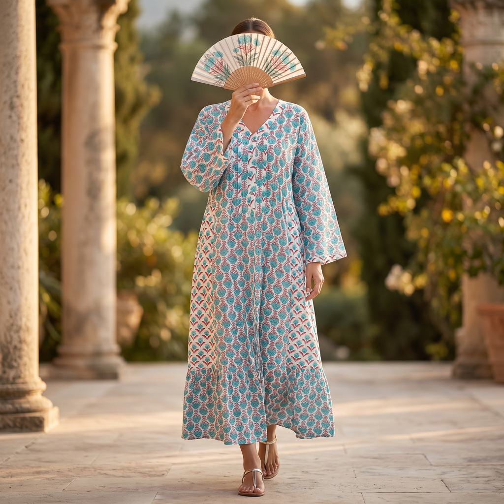L-XL Tulip Crystal Printed Cotton Dress 57" Long Jalabiya RN 276