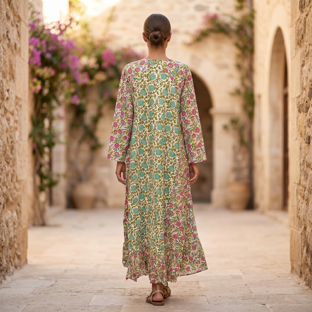 L-XL Naija Crystal Printed Cotton Dress 57" Long Jalabiya RN 277