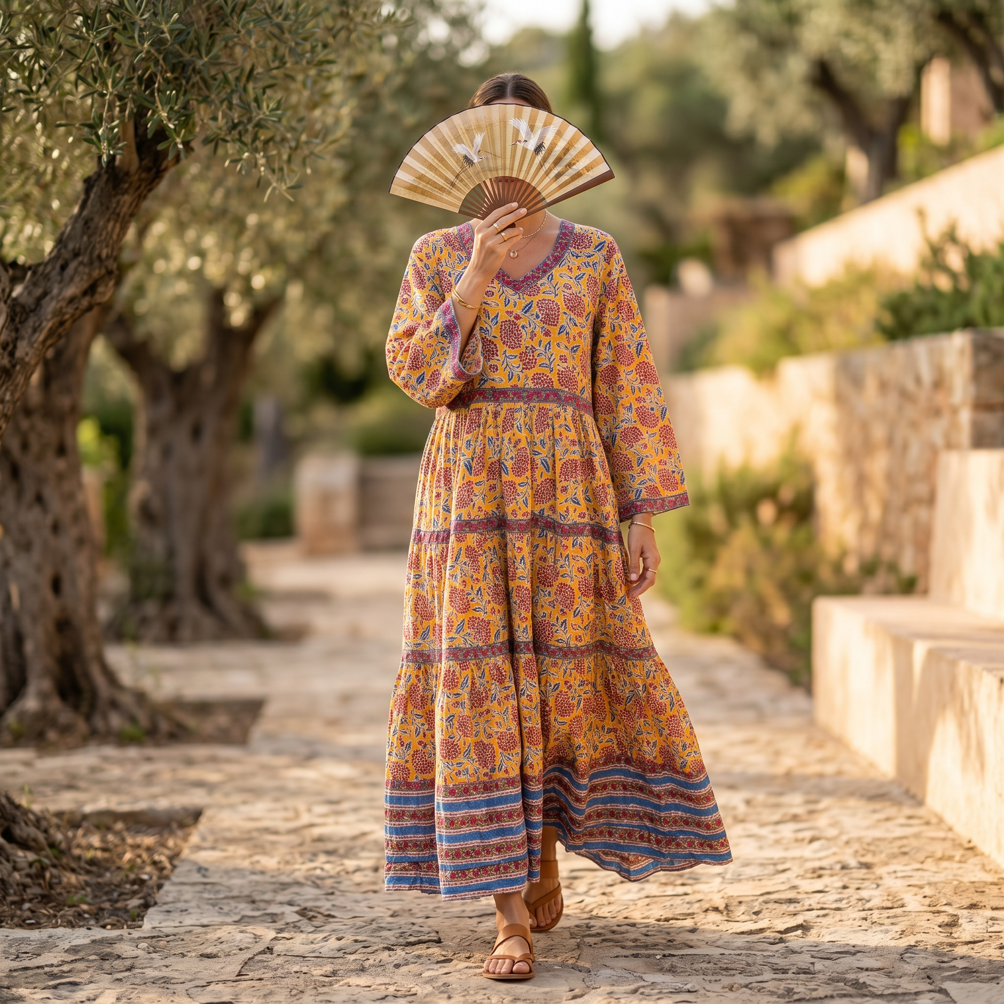 L-XL Huda Crystal Printed Cotton Dress 57" Long Jalabiya RN 282
