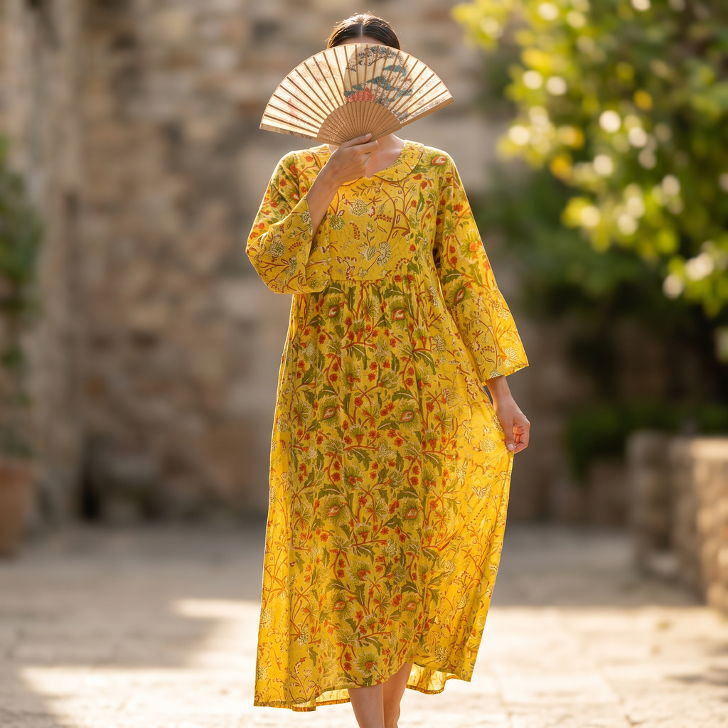 L-XL Husn Crystal Printed Cotton Dress 57" Long Jalabiya RN 284