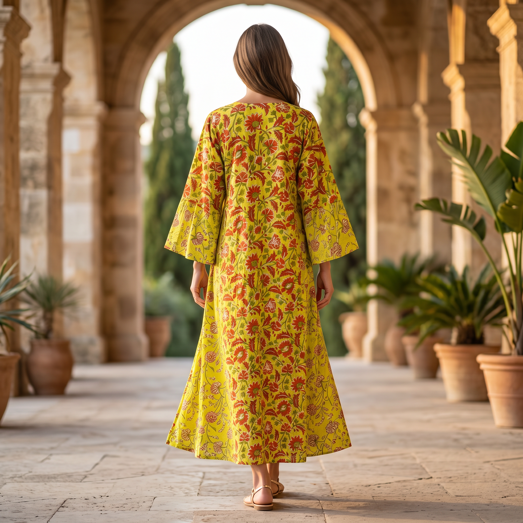 L-XL Husn Crystal Printed Cotton Dress 57" Long Jalabiya RN 286