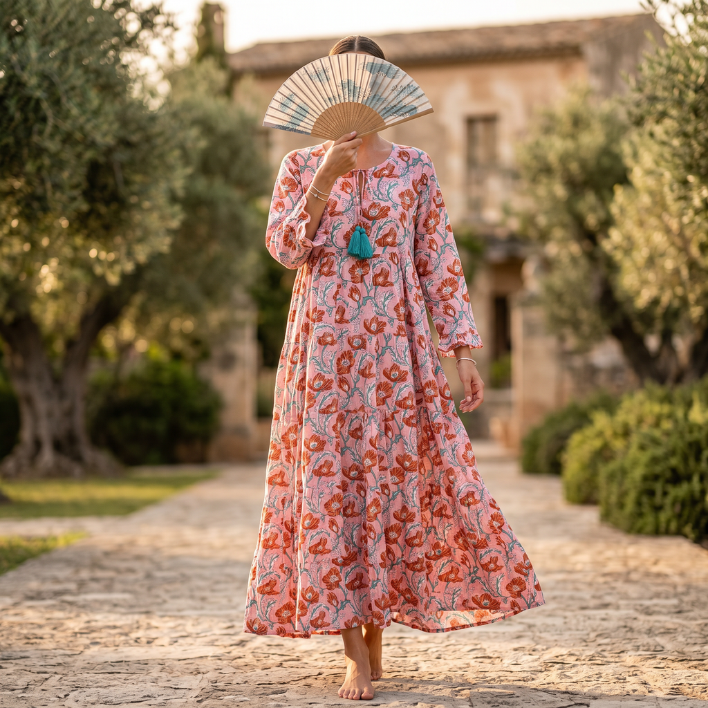 L-XL Razia Crystal Printed Cotton Dress 57" Long Jalabiya RN 290