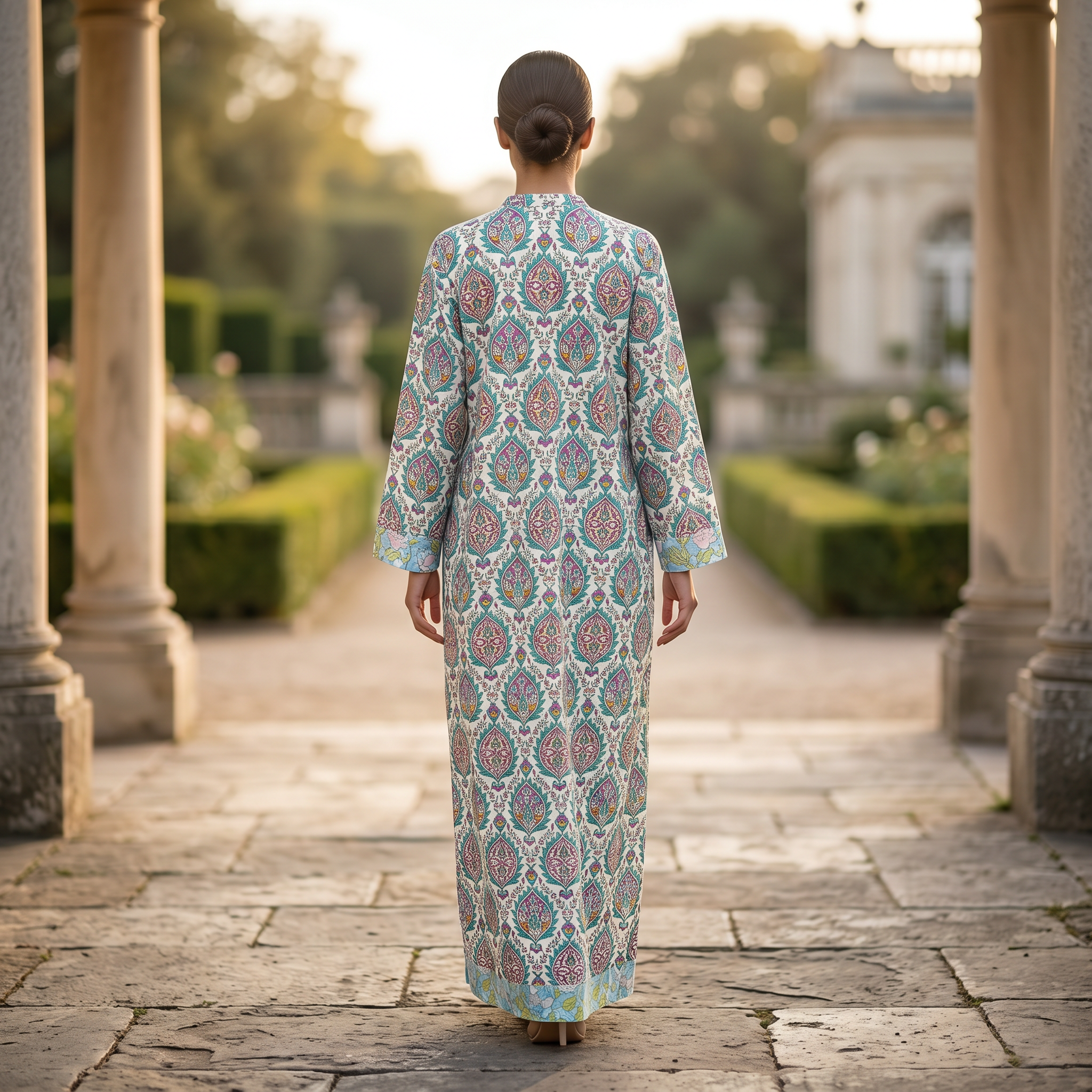 L-XL Lara Crystal Printed Cotton Dress 57" Long Jalabiya RN 291
