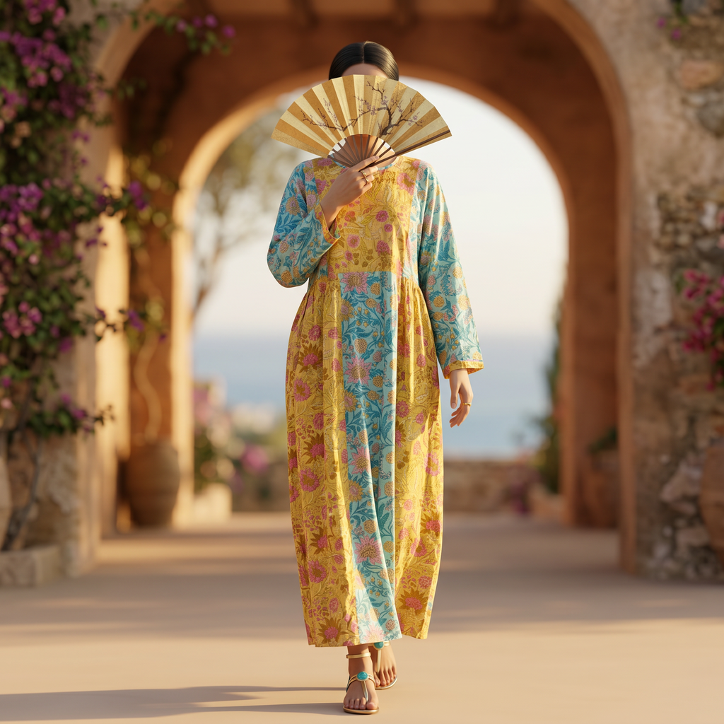 2XL-3XL Heba Crystal Printed Cotton Dress 57" Long Jalabiya RN 298