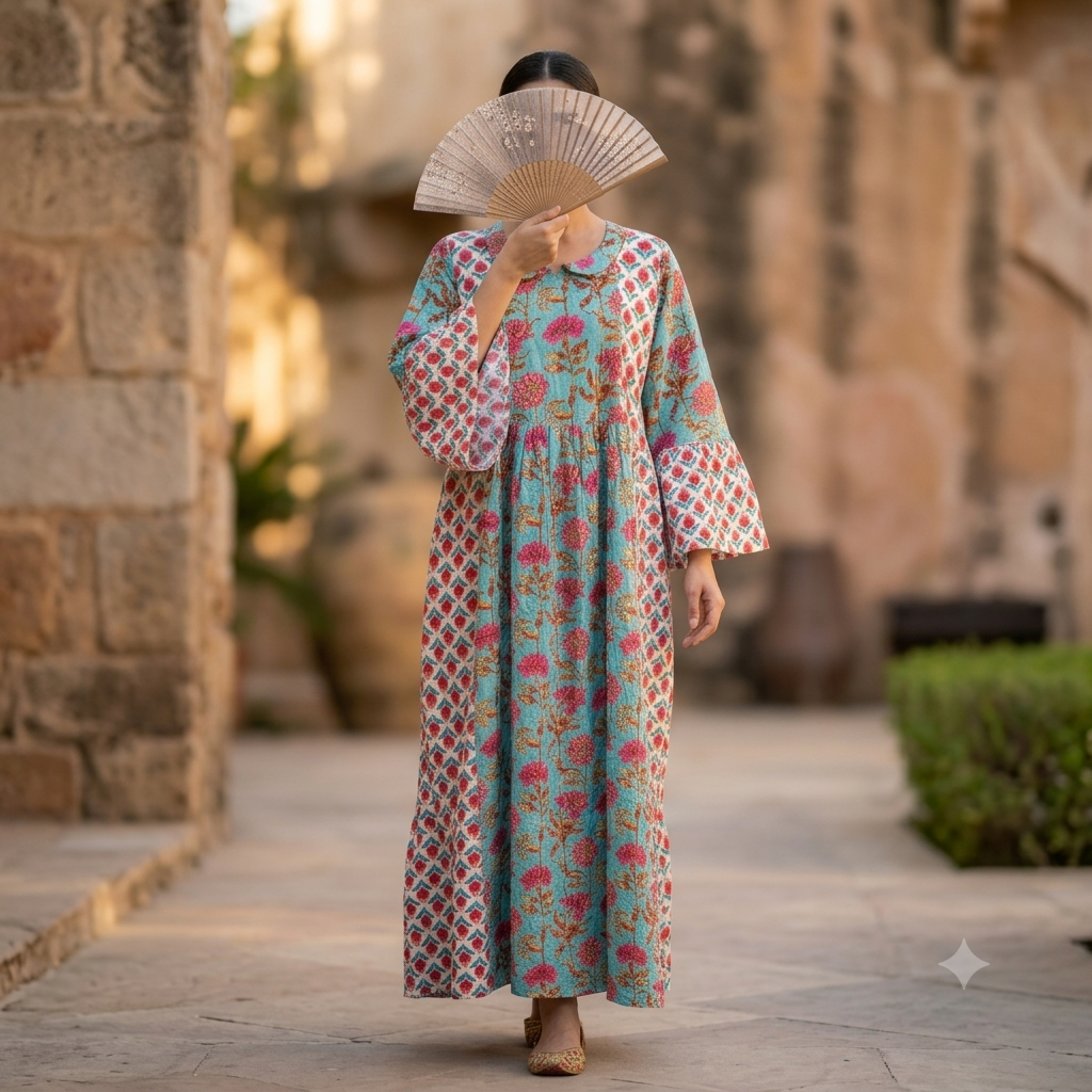 2XL-3XL Husn Crystal Printed Cotton Dress 57" Long Jalabiya RN 304