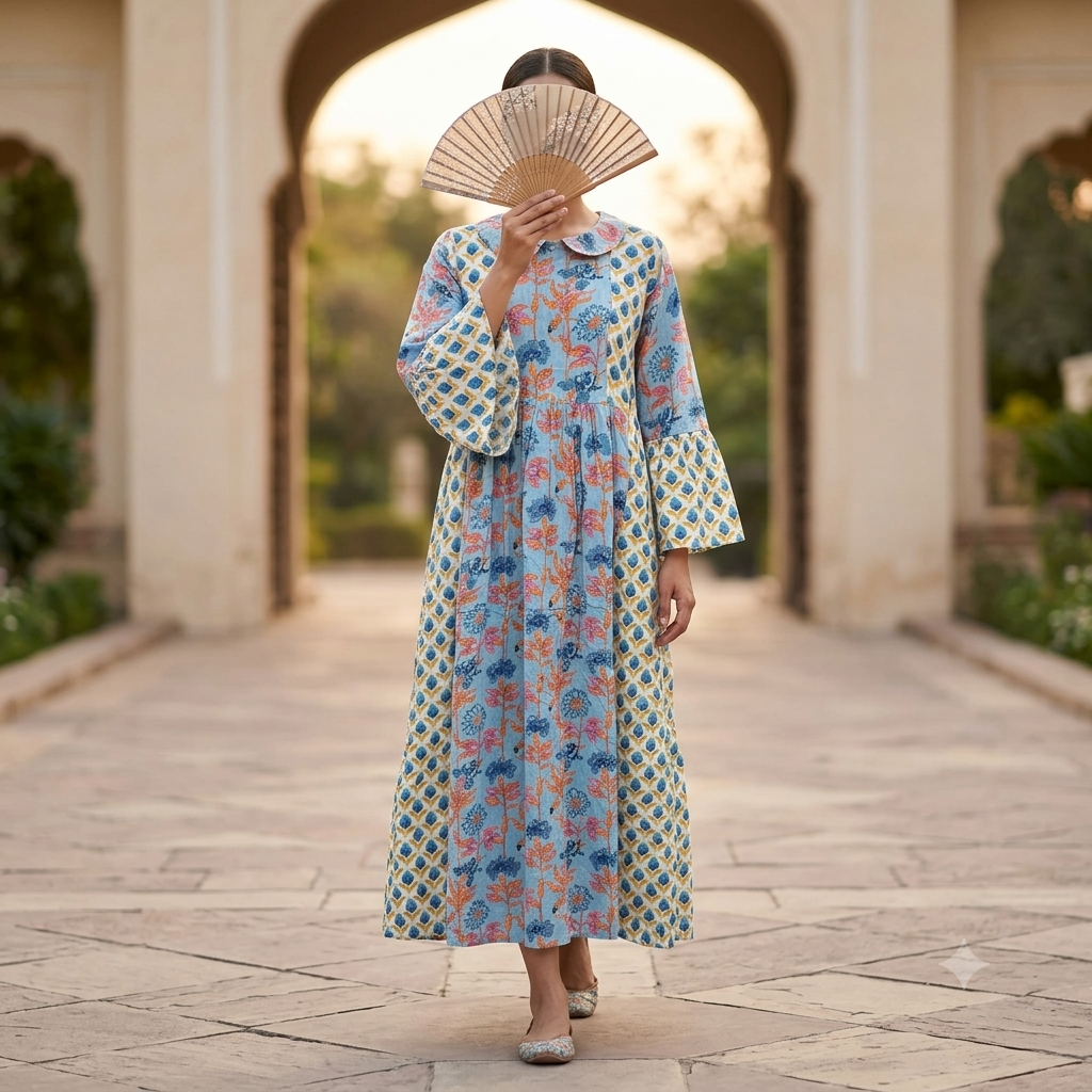 2XL-3XL Husn Crystal Printed Cotton Dress 57" Long Jalabiya RN 305