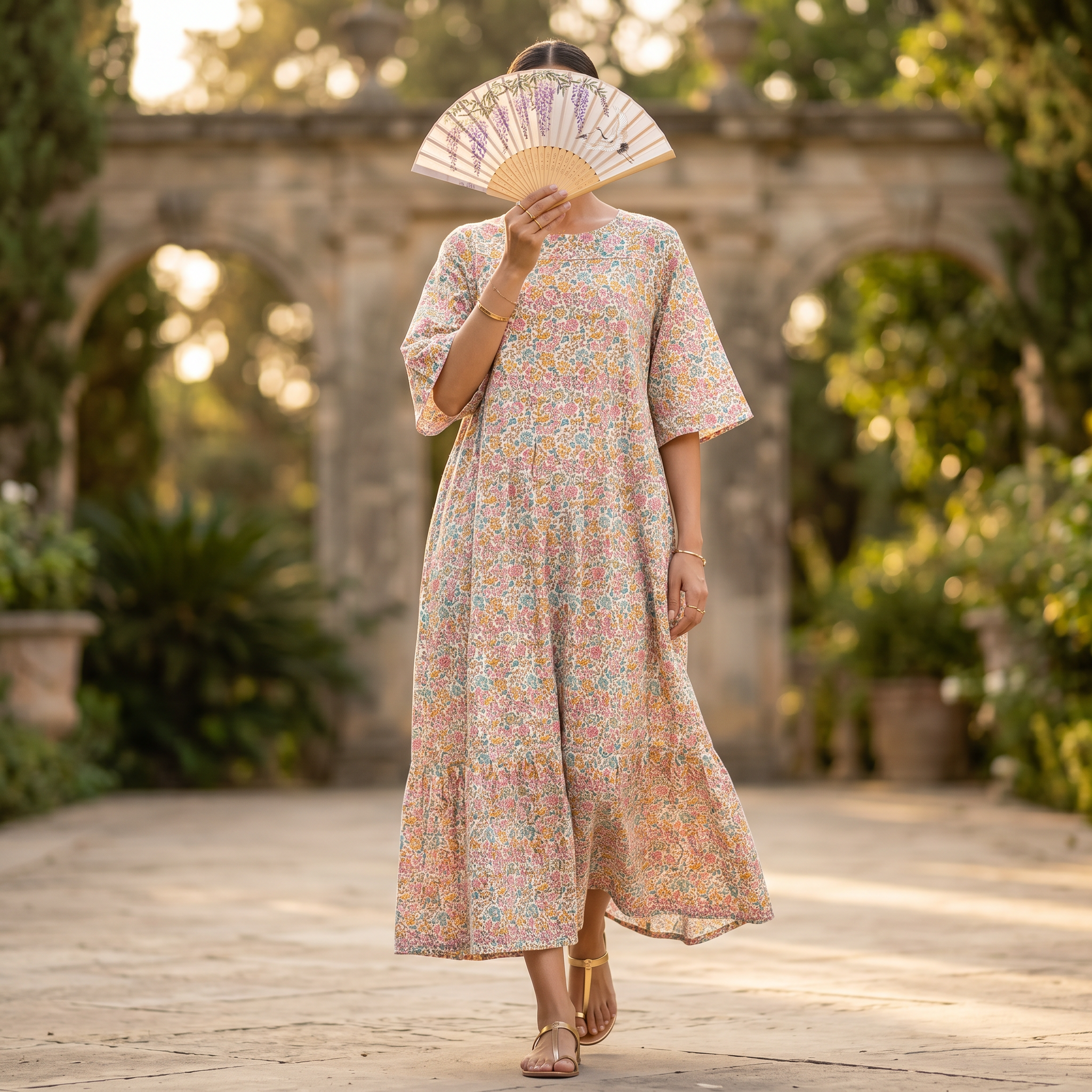2XL-3XL Nahla Crystal Printed Cotton Dress 57" Long Jalabiya RN 315