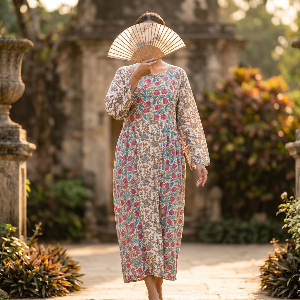 2XL-3XL Heba Crystal Printed Cotton Dress 57" Long Jalabiya RN 318