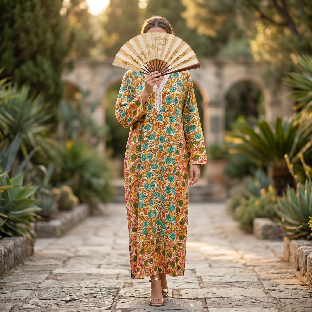 2XL-3XL Safa Crystal Printed Cotton Dress 57" Long Jalabiya RN 319