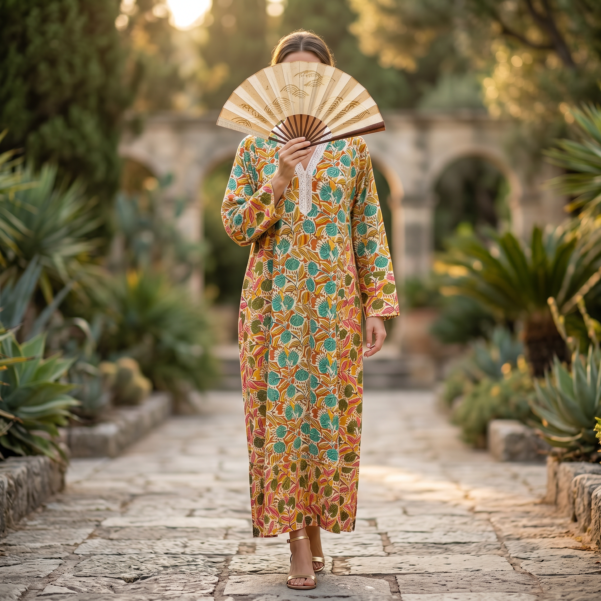 2XL-3XL Safa Crystal Printed Cotton Dress 57" Long Jalabiya RN 319