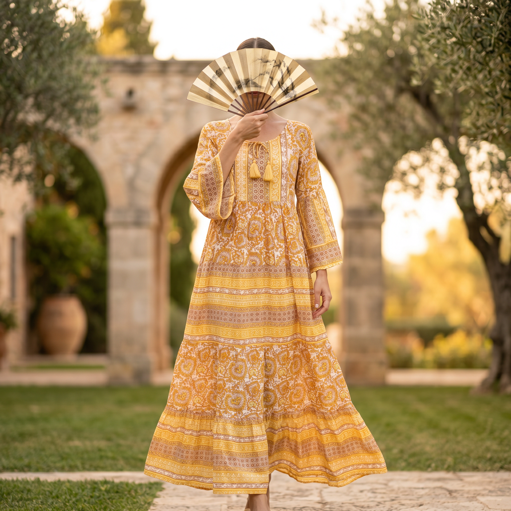 L-XL Gaby Crystal Yellow Printed Cotton Dress 57" Long Jalabiya RN 31