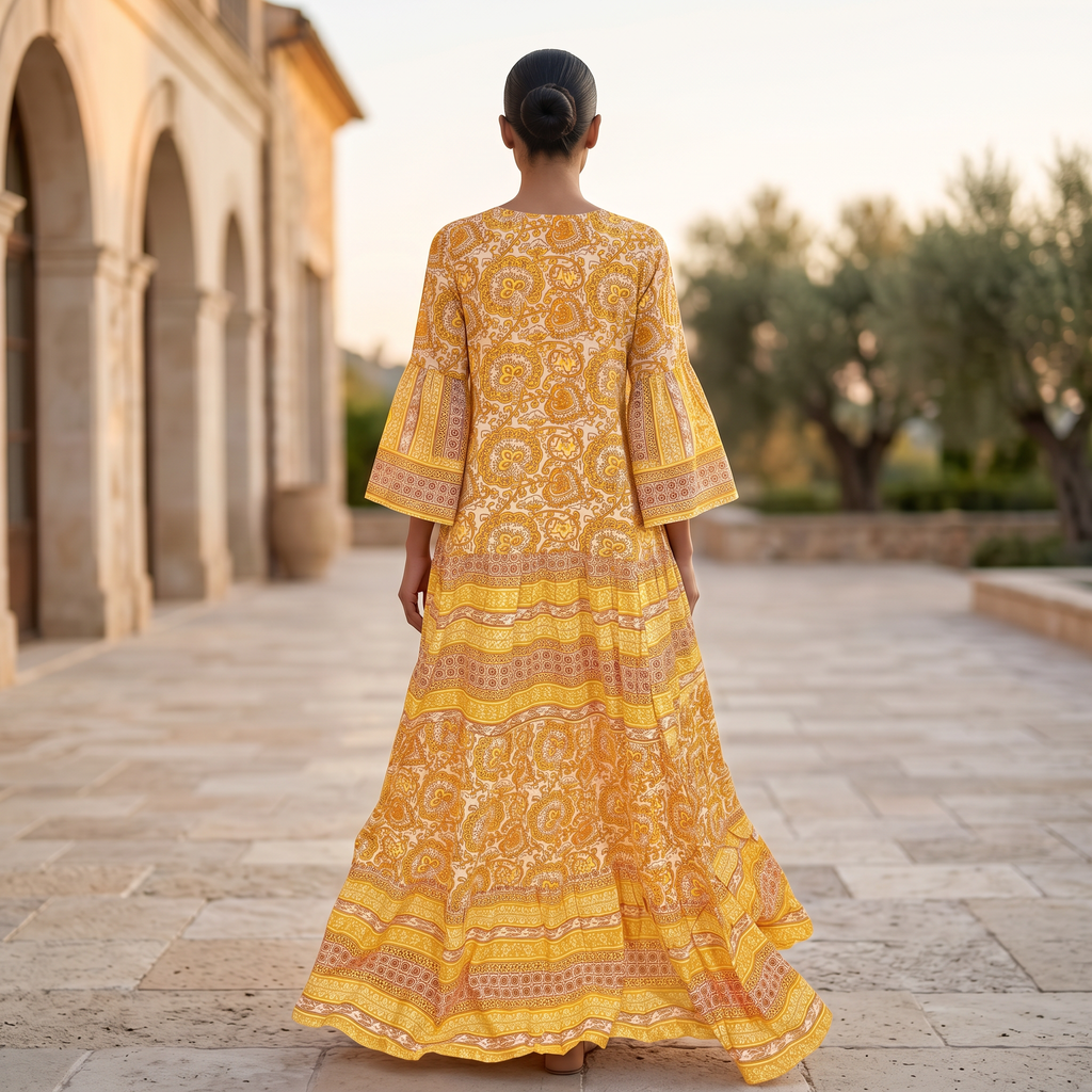 L-XL Gaby Crystal Yellow Printed Cotton Dress 57" Long Jalabiya RN 31