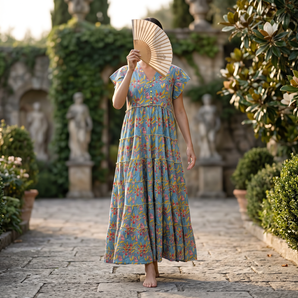 L-XL Qamar Printed Cotton Dress 57" Long Jalabiya RN 323