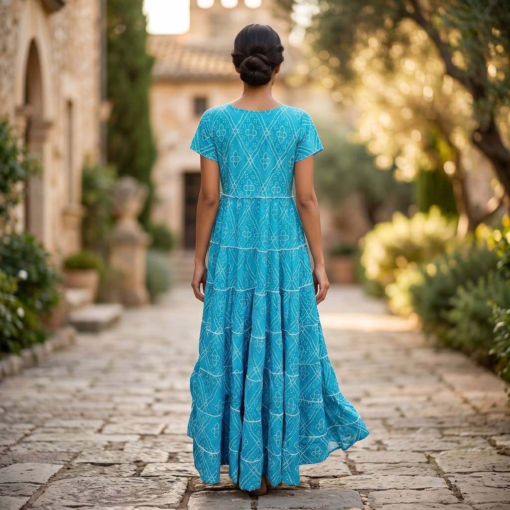 S-M Qamar Printed Cotton Dress 57" Long Jalabiya RN 324