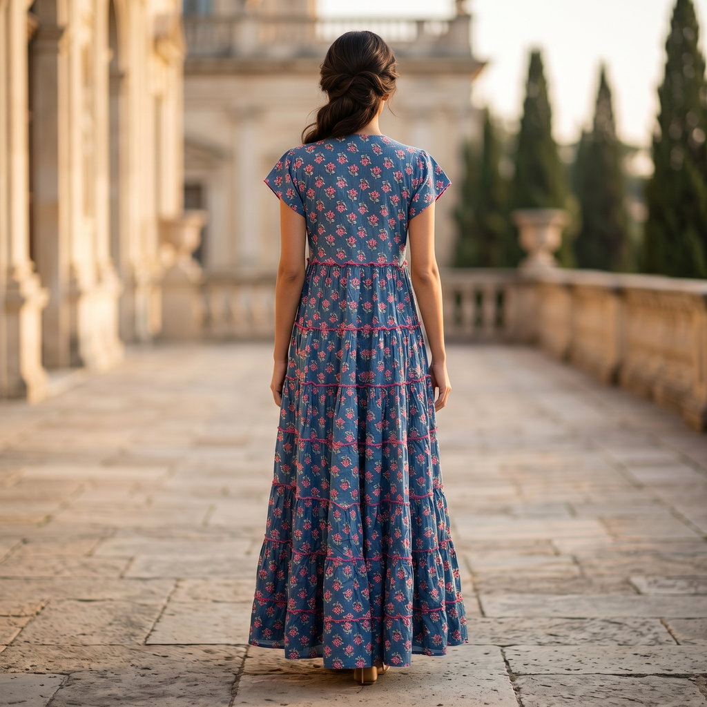 S-M Qamar Printed Cotton Dress 57" Long Jalabiya RN 328