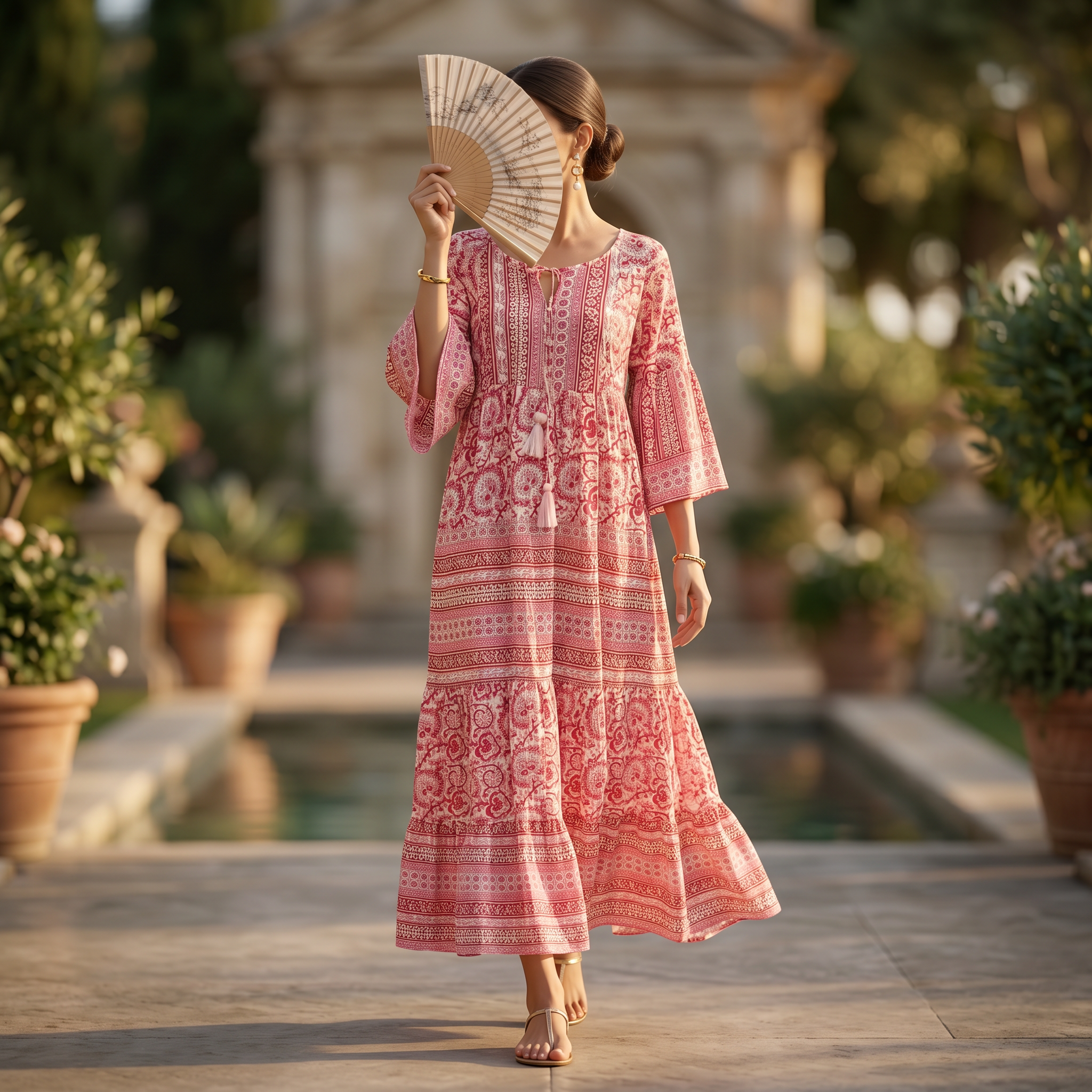 L-XL Gaby Crystal Printed Cotton Dress 57" Long Jalabiya RN 34