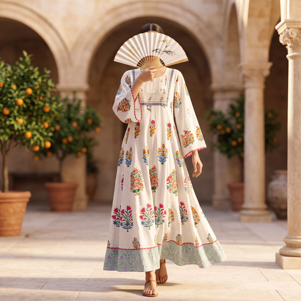 XS-S Meheq Printed Cotton Dress 54" Long Jalabiya RN 353