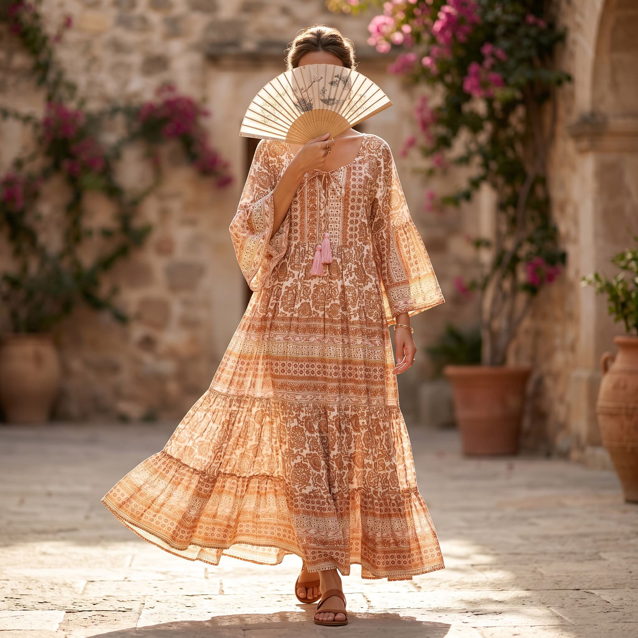 L-XL Gaby Crystal Printed Cotton Dress 57" Long Jalabiya RN 35