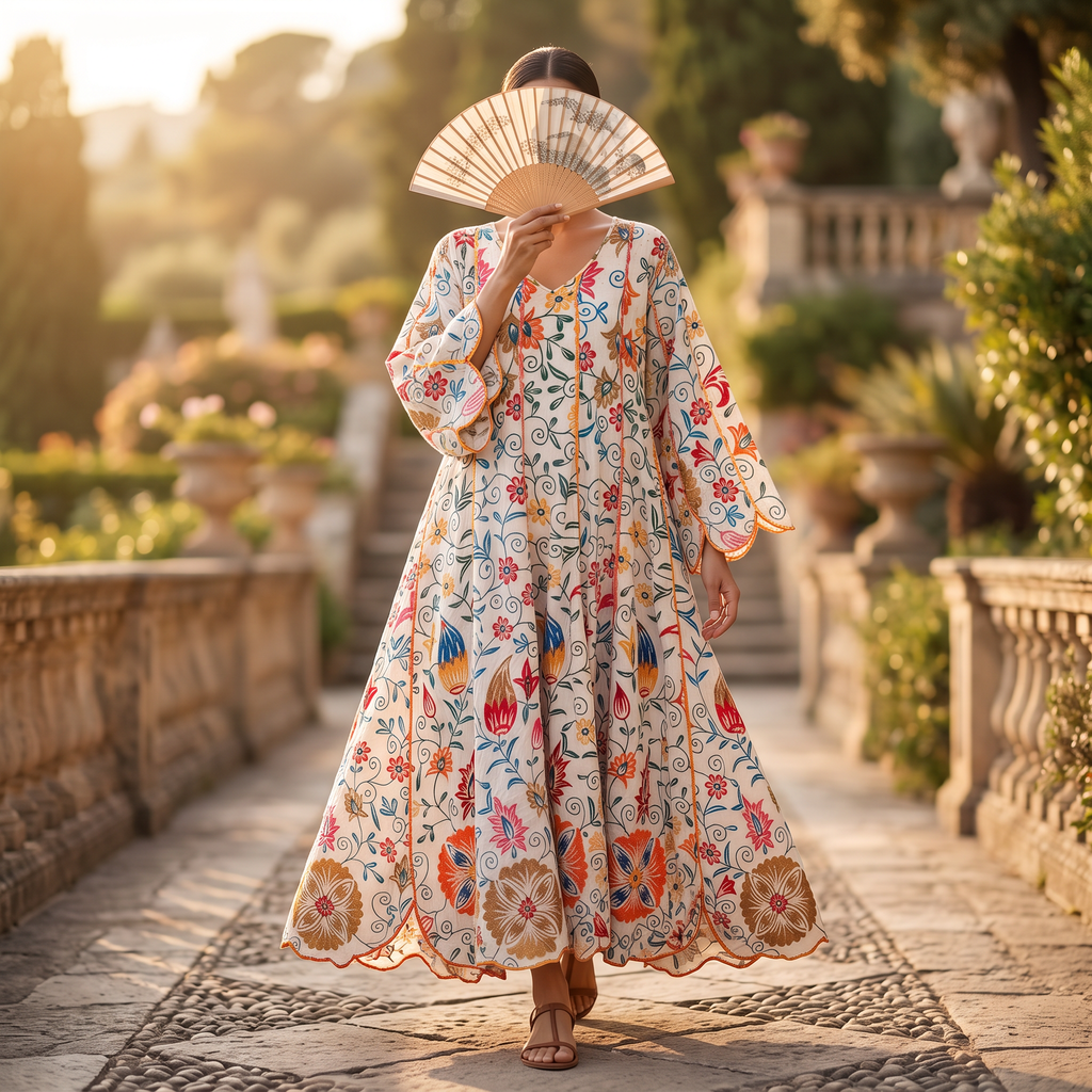 S/M Meher Crystal Printed Cotton Dress 57" Long Jalabiya RN 426