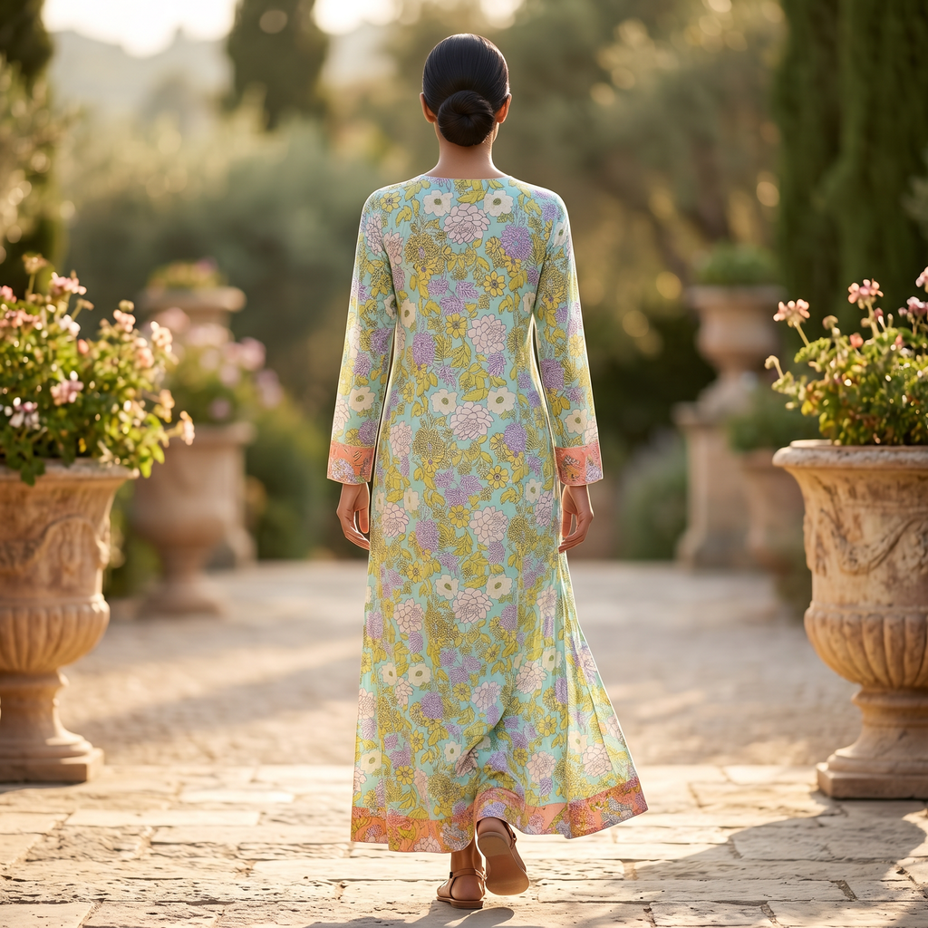 S-M Lara Printed Cotton Dress 57" Long Jalabiya RN 49