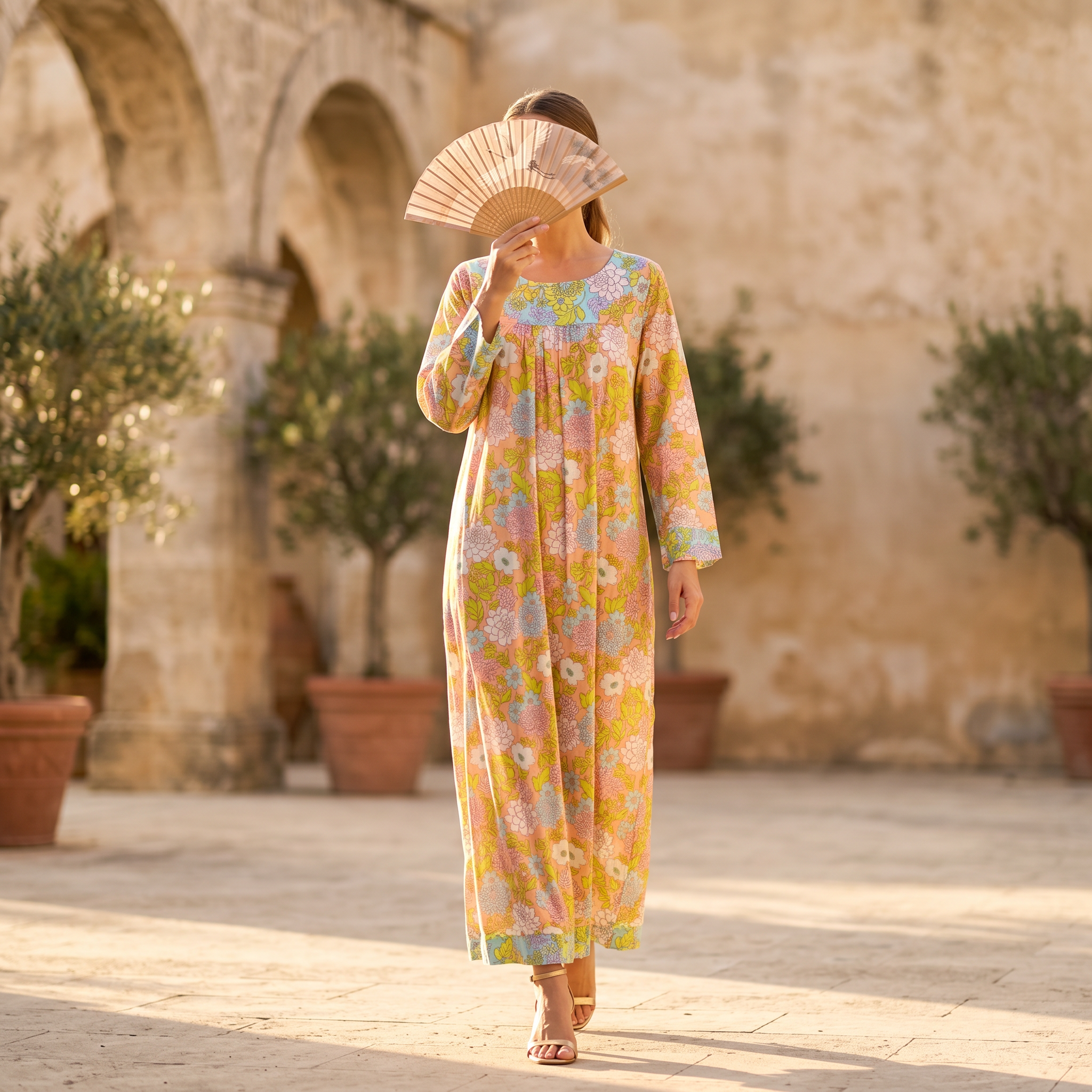 S-M Lara Printed Cotton Dress 57" Long Jalabiya RN 51