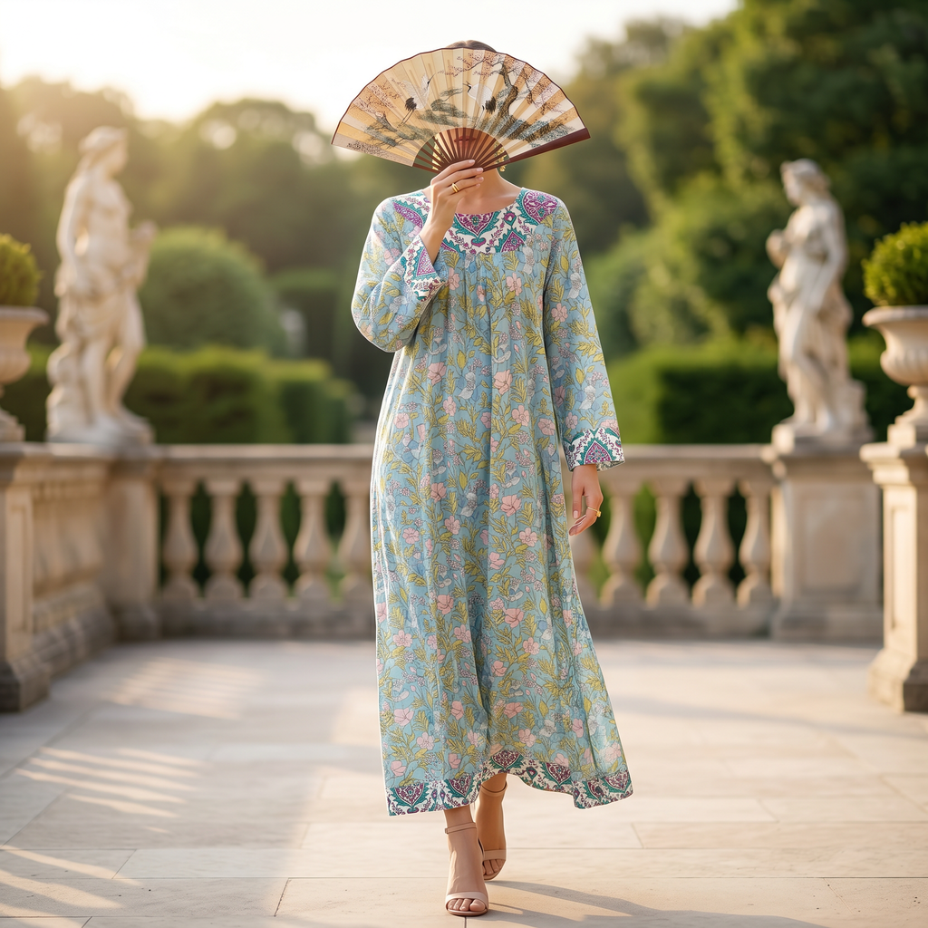 L-XL Lara Printed Cotton Dress 57" Long Jalabiya RN 52