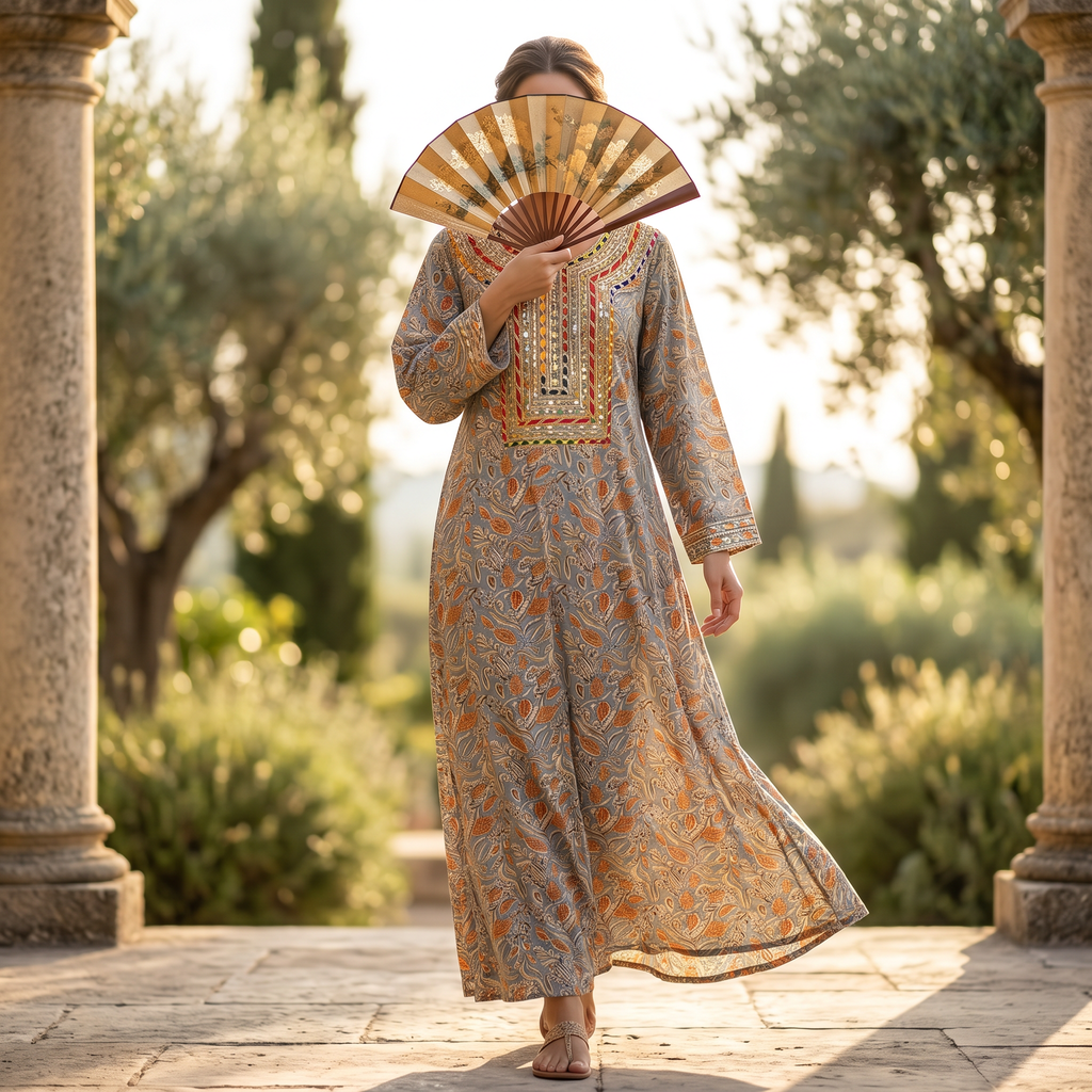 L-XL Harisa Printed Cotton Dress 57" Long Jalabiya RN 58