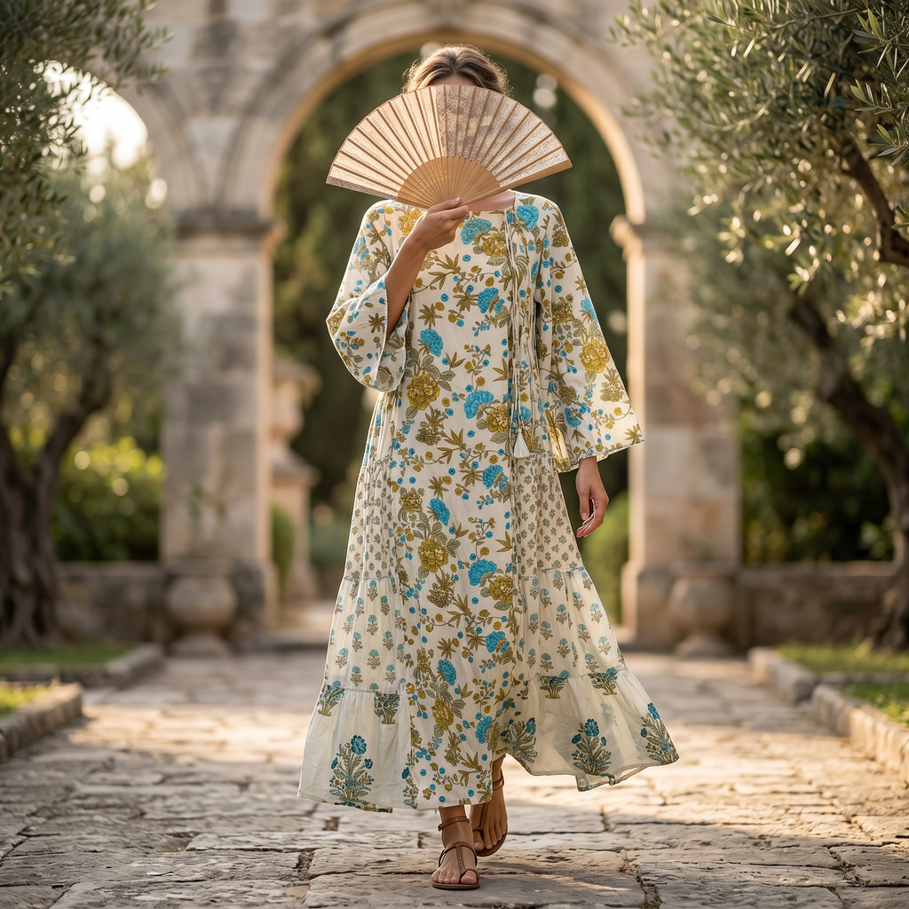 XS-S Cinderella Printed Cotton Dress 54" Long Jalabiya RN 60