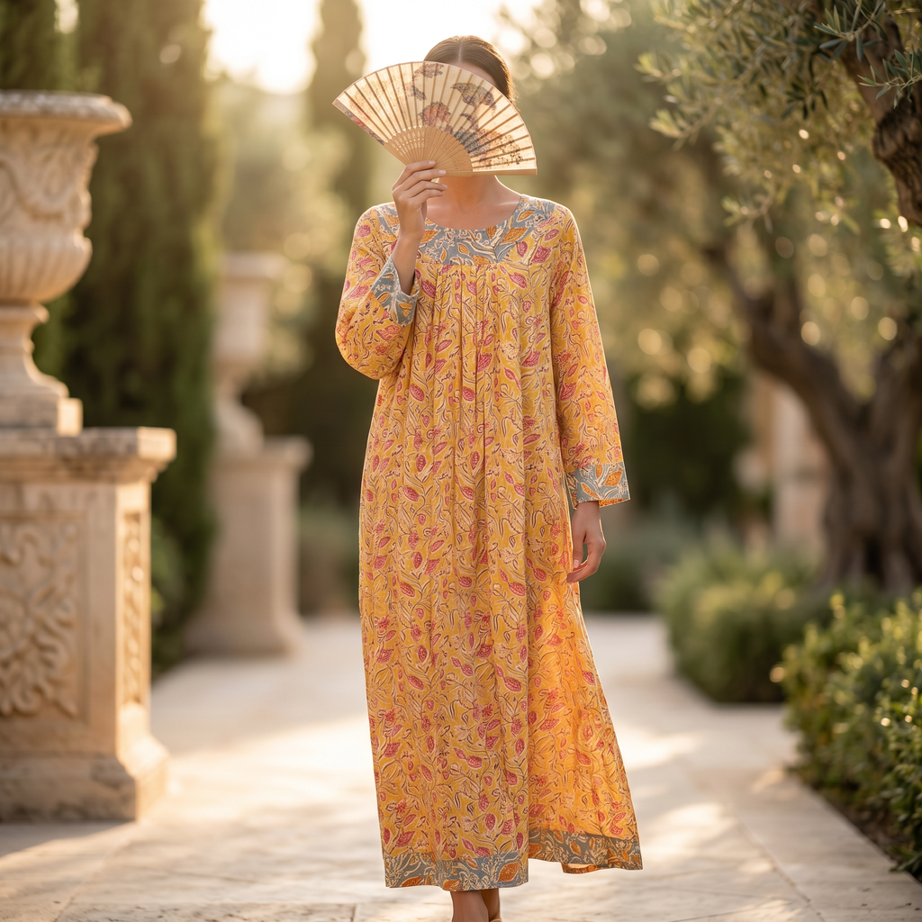 L-XL Lara Printed Cotton Dress 57" Long Jalabiya RN 64