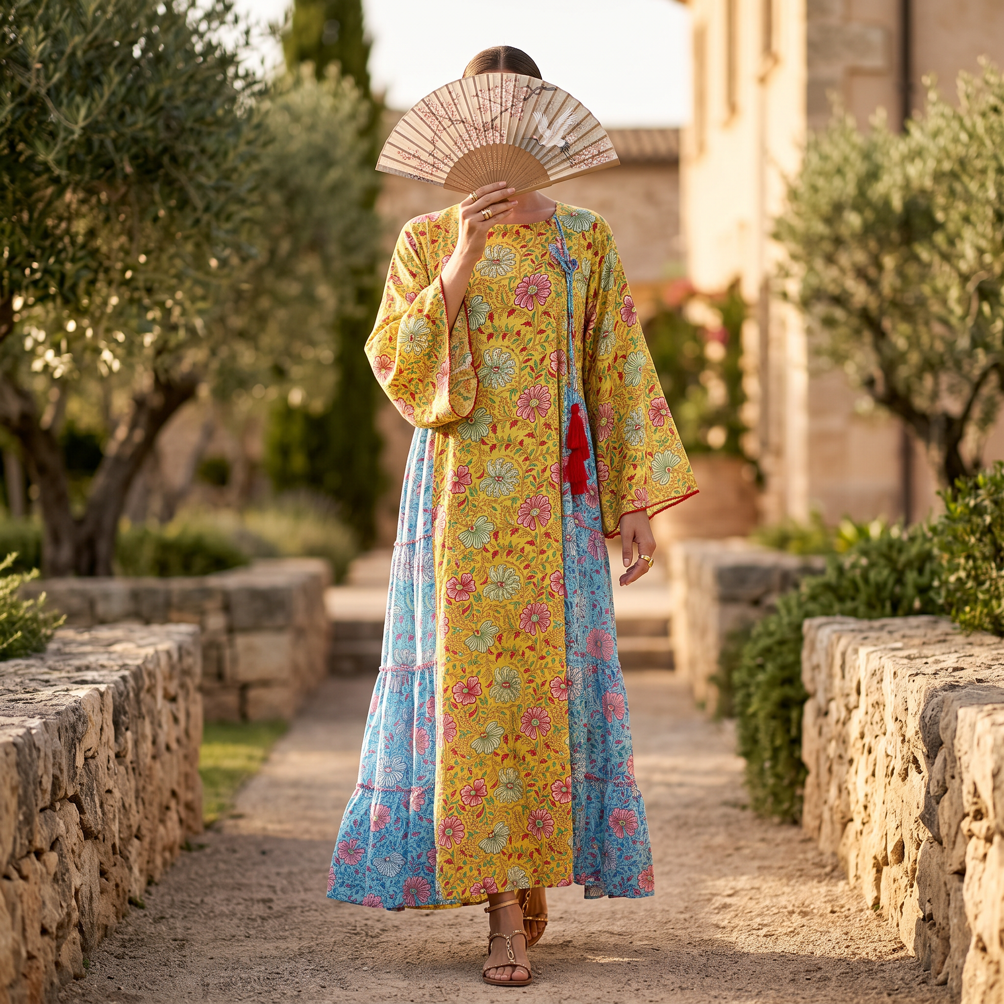 L-XL Crystal Cindrella Printed Poly Silk Dress 57" Long Jalabiya RN 720