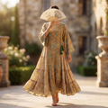 S-M Cinderella Crystal Printed Poly Silk Dress 57" Long Jalabiya RN 722