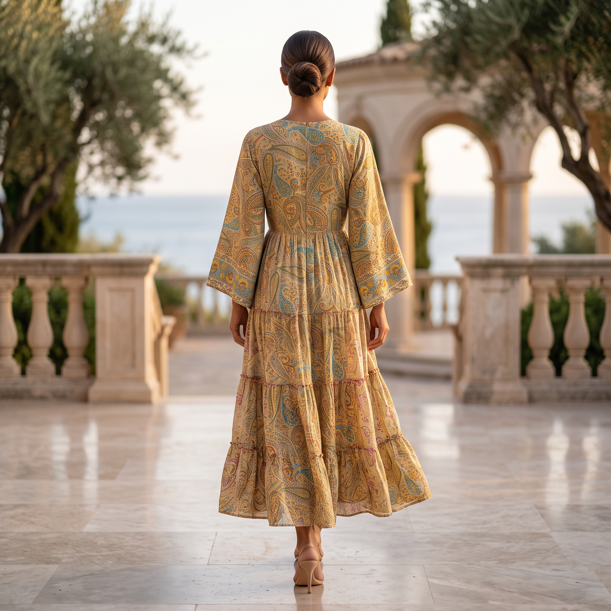 S-M Cinderella Crystal Printed Poly Silk Dress 57" Long Jalabiya RN 722