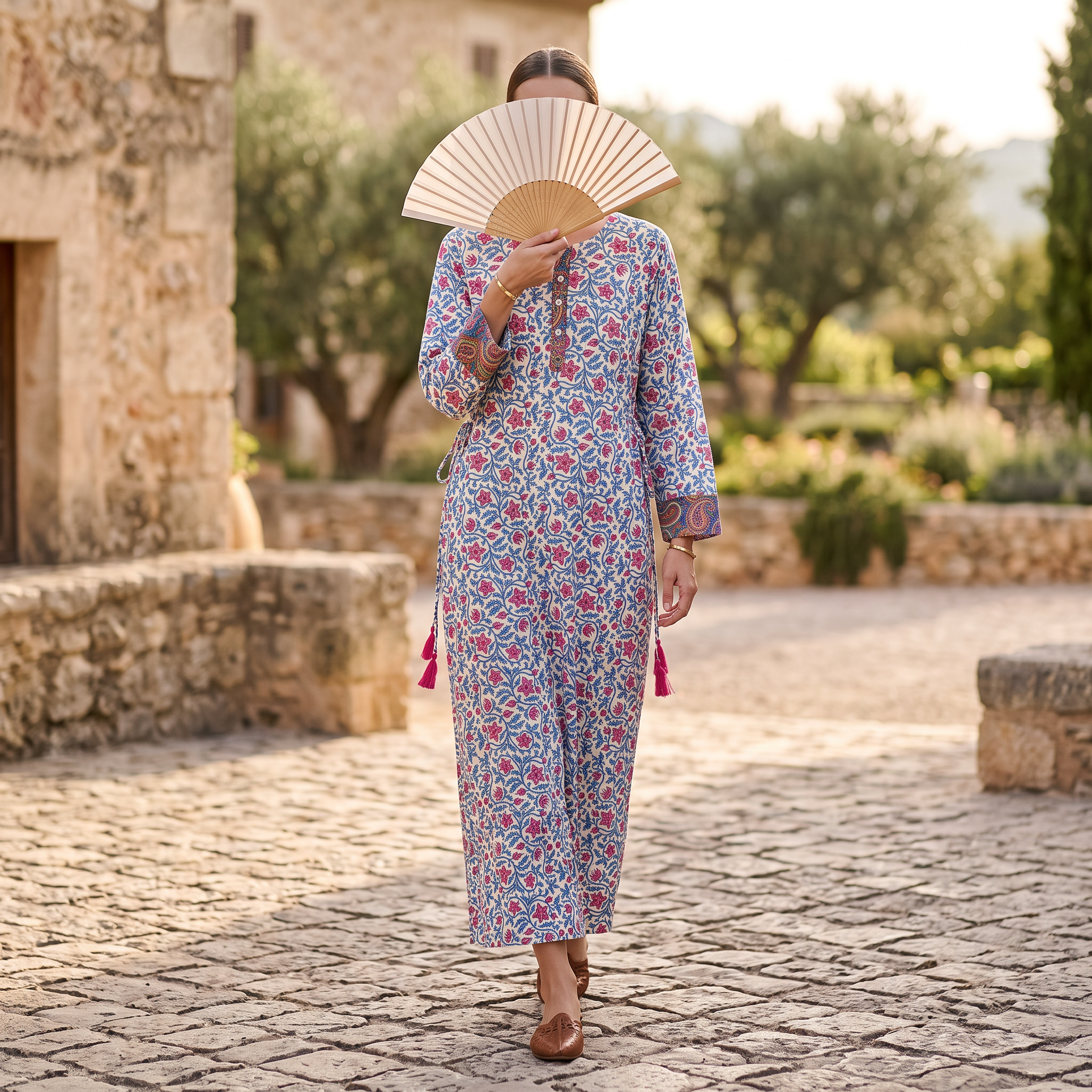 L-XL Jasmine Crystal Printed Cotton Dress 57" Long Jalabiya RN 744