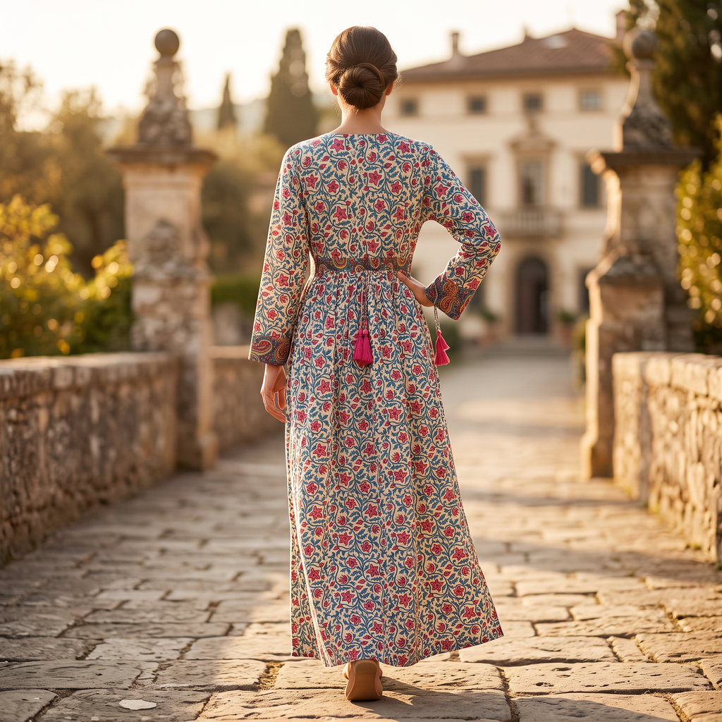 L-XL Jasmine Crystal Printed Cotton Dress 57" Long Jalabiya RN 744