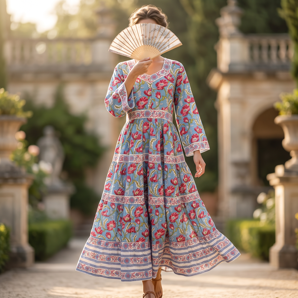 S-M Huda Crystal Printed Cotton Dress 57" Long Jalabiya RN 745