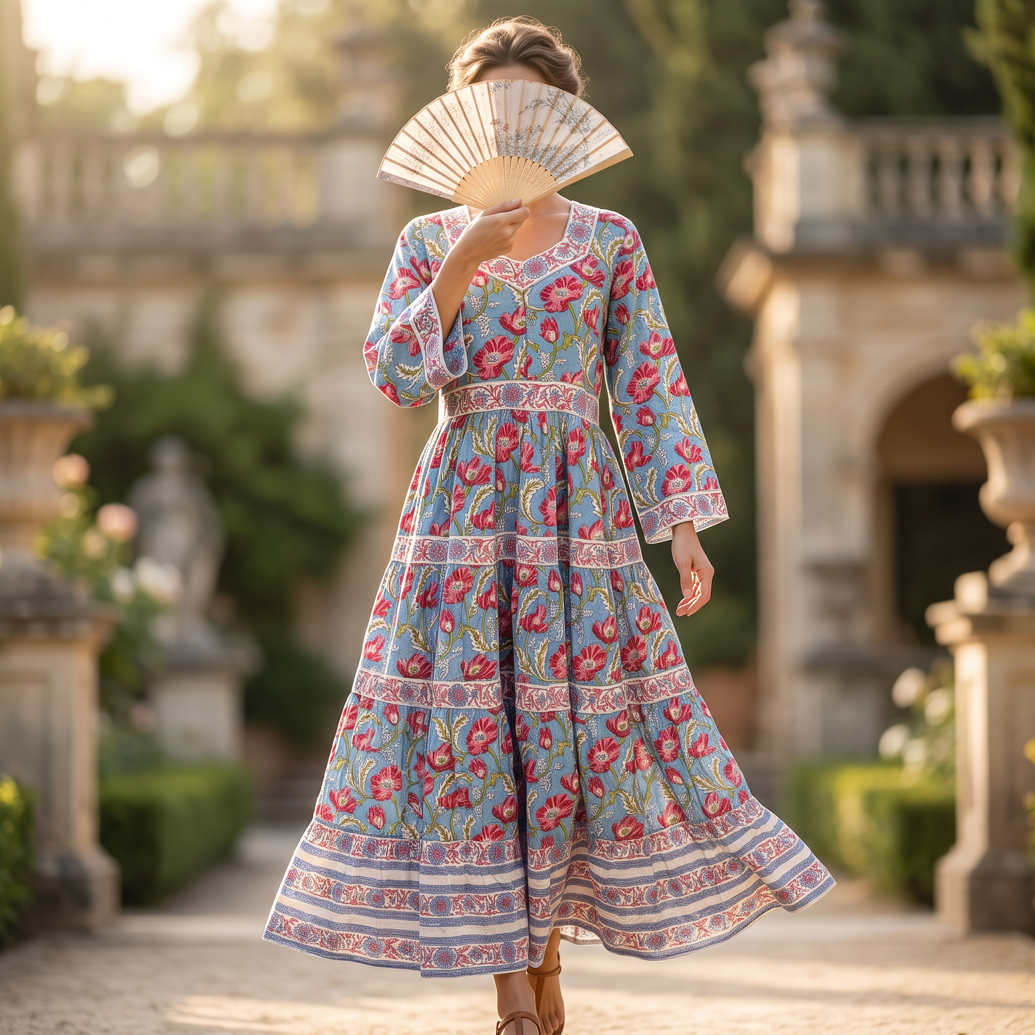 S-M Huda Crystal Printed Cotton Dress 57" Long Jalabiya RN 745