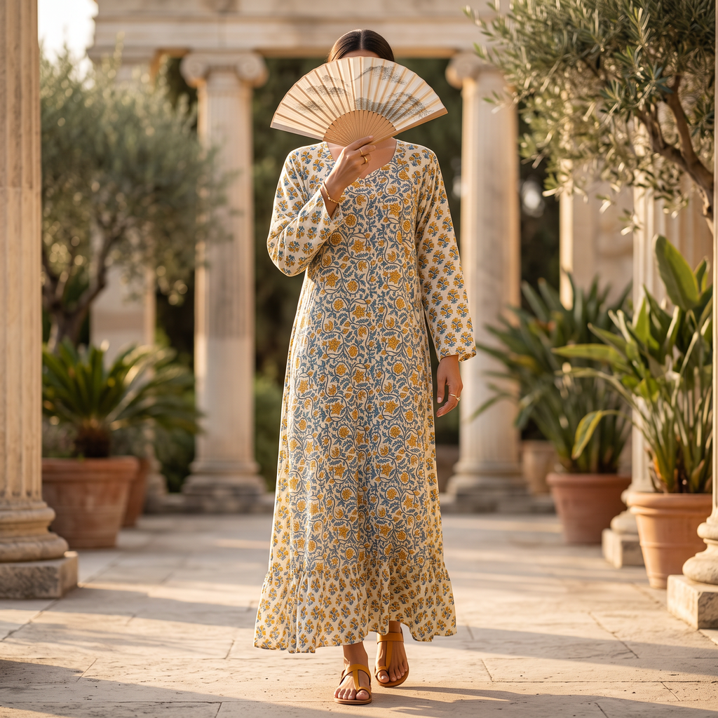 XS-S Najia Crystal Printed Cotton Dress 54" Long Jalabiya RN 748